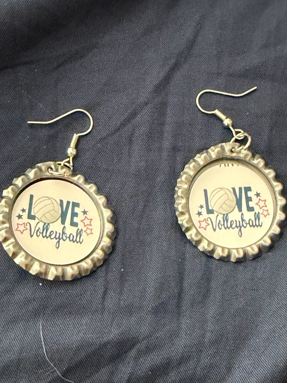 Love Volleyball Bottle Cap Earrings in Gold Tone